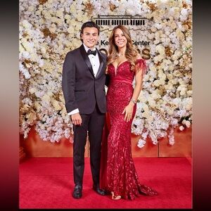 Alamour Natale Wine Red Sequin Gown Size M Off Shoulder Slit Formal Dress